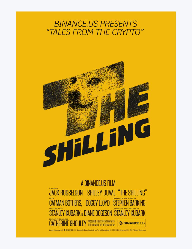 Dogecoin 'The Shilling' movie poster parody for Binance.US 'Tales from the Crypto'
